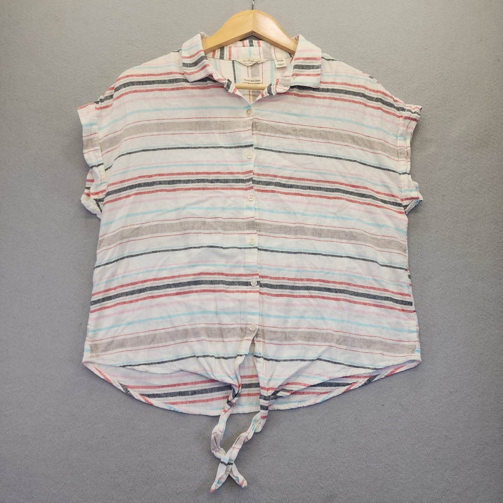 Weatherproof Vintage Linen Blend Striped Tie Front Shirt Womens Small Multicolor
